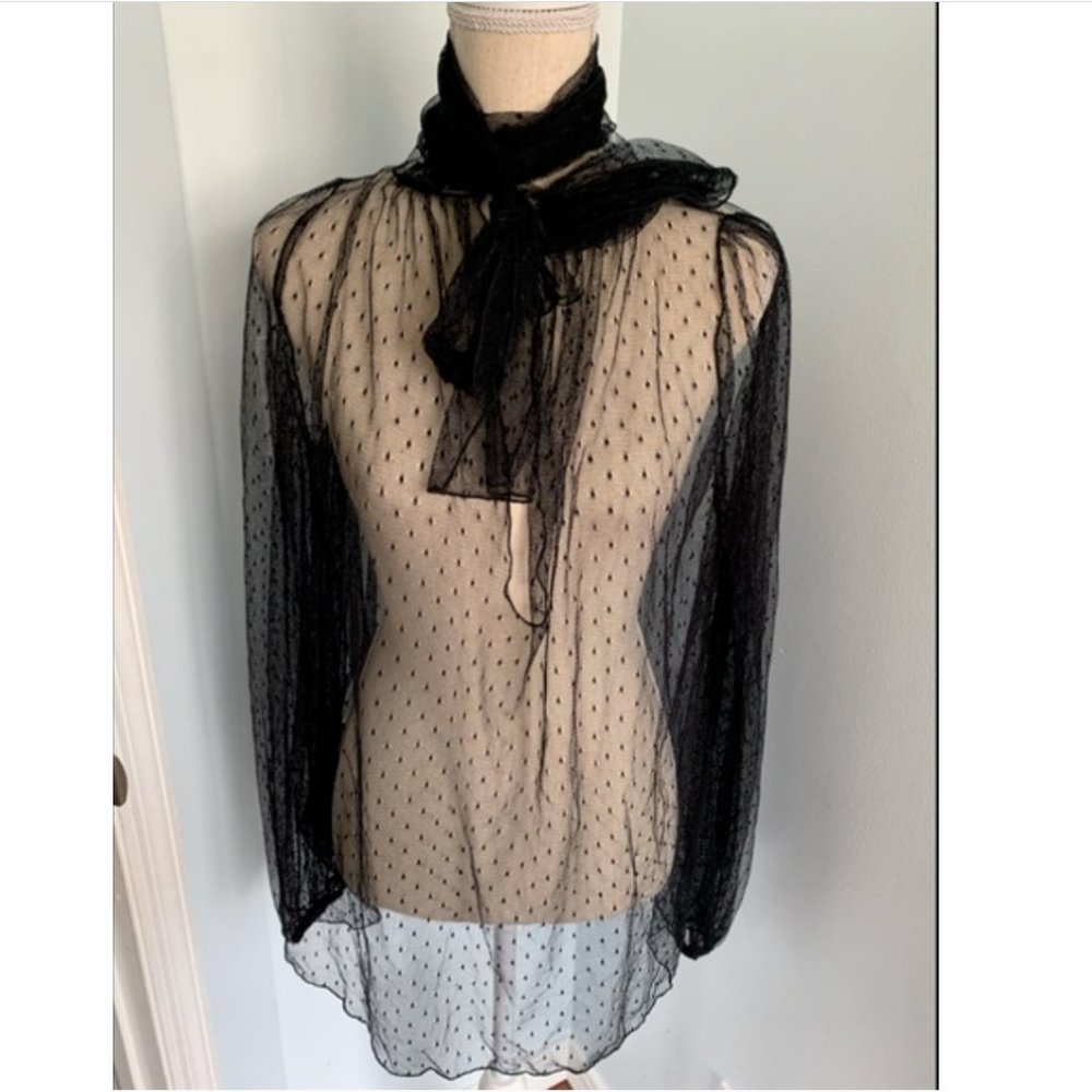 VINTAGE LA PERLA COLLEZIONE BLACK MESH SILK SHEER  BLOUSE TOP with Tie 42